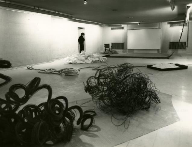 Milenko Matanović next to his works, Exhibition: Atelje '69. Matanović, Nez in Šalamun,
Modern ...